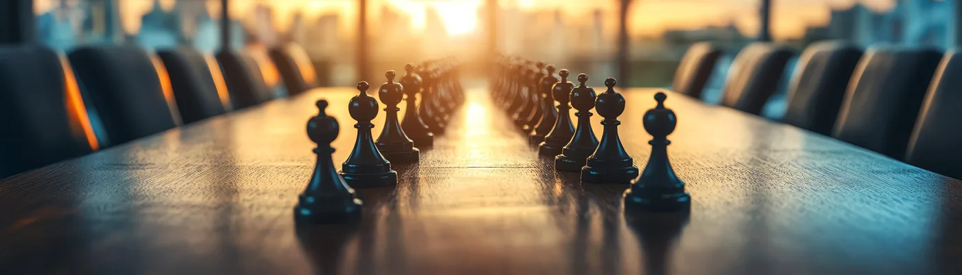 Two lines of black chess pawns facing each other down a long boardroom table toward a glowing city skyline at sunset