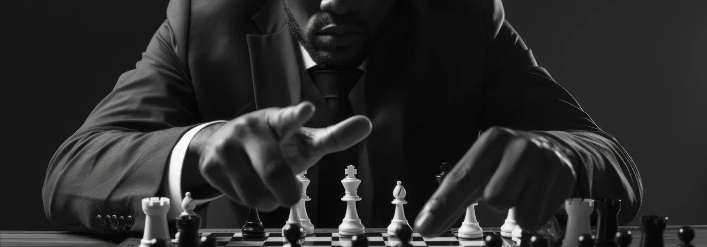 A man in a dark suit leans over a chess board, hand outstretched toward the pieces