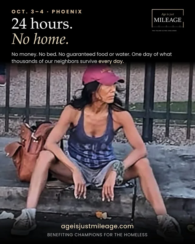 Poster: 24 hours, no home. Oct. 3 to 4, Phoenix. Dolores Grace sitting on a curb during her 24 hours on the street.