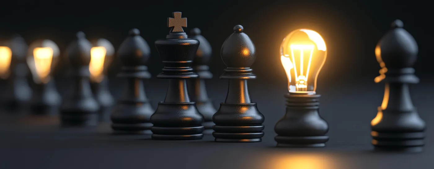 A row of black chess pieces, one of them crowned with a glowing light bulb in place of its head